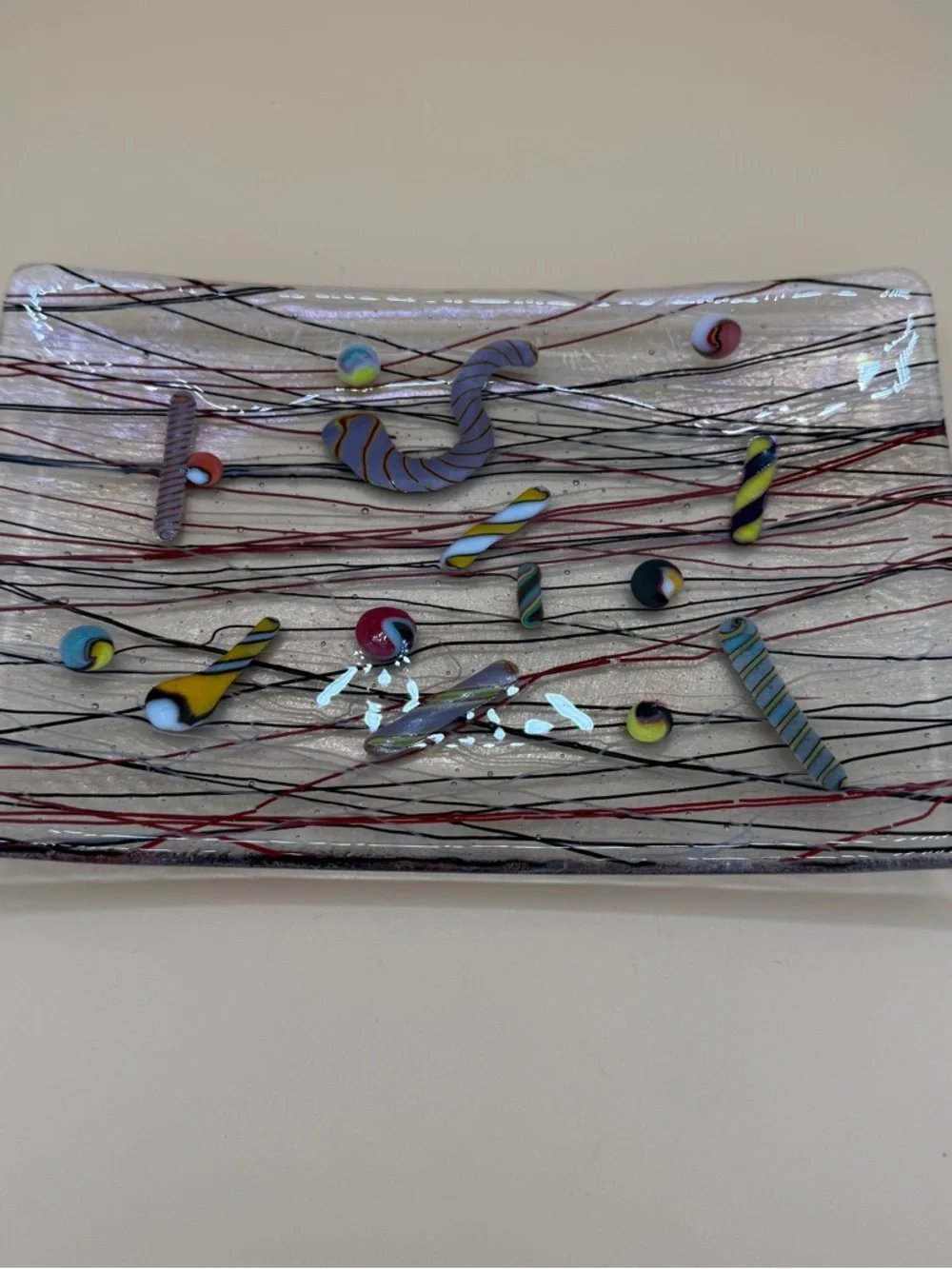 Iridescent Multicolor Confetti Kurt McVay Fused Art Glass Plate 8.5” x 5.5”
